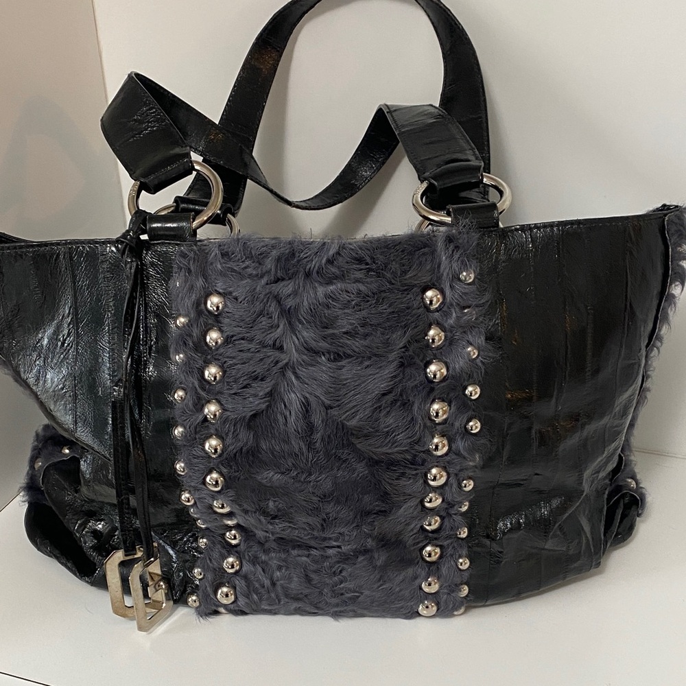 Dolce & Gabbana Black Tote with Gray Faux-Fur Panel and Studs